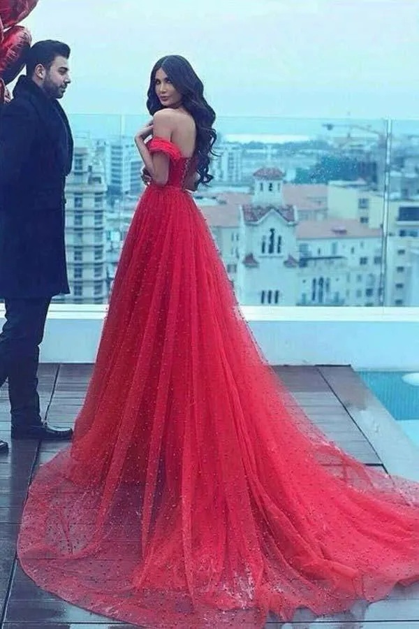 A-Line Off-the-Shoulder Court Train Dark Red Tulle Prom Dress PG508