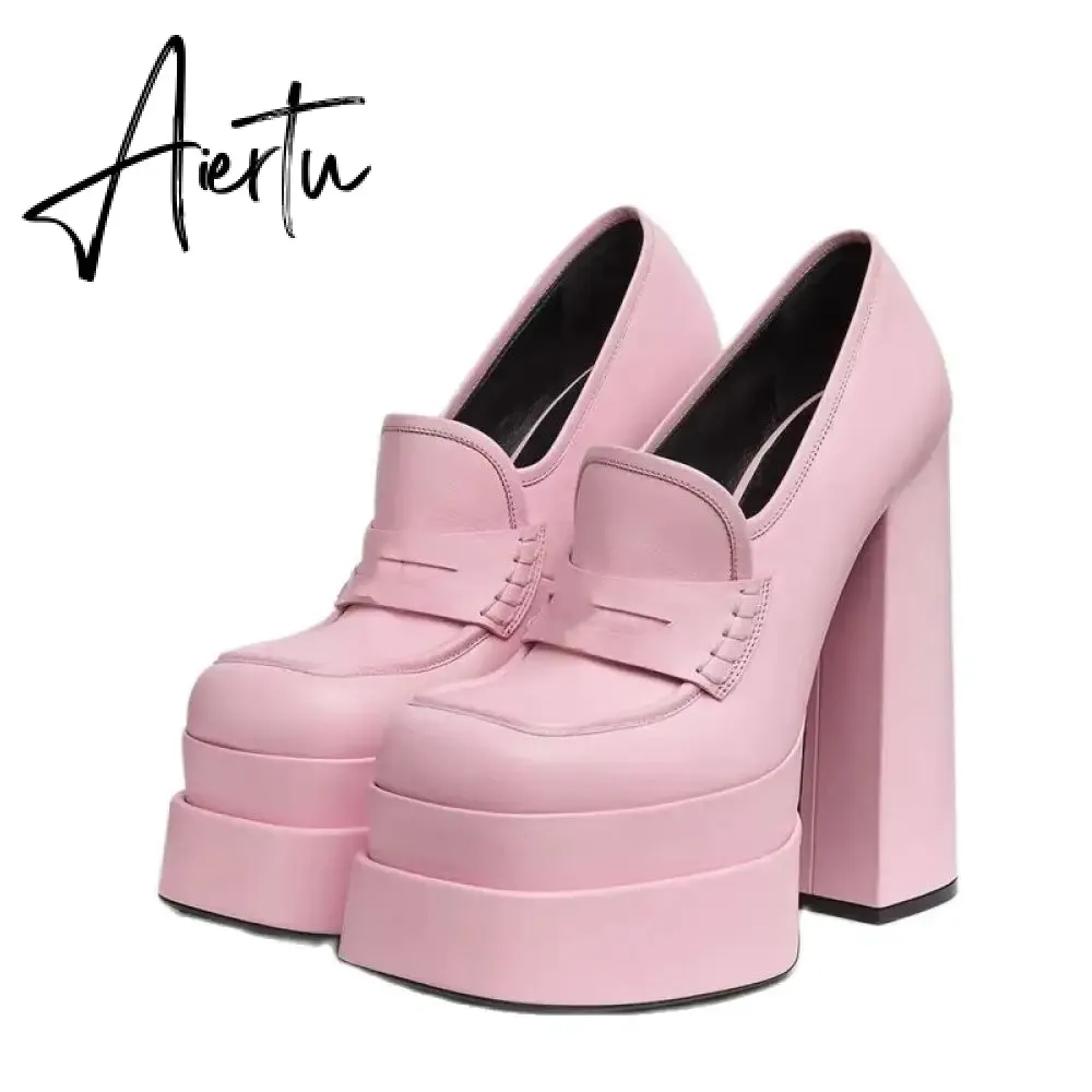 Aiertu Women High Heel Platform Hoof Heels Loafers Women Pumps New Square Toe Fashion Shoes Plus Size Shoes Sexy Dress Shoes