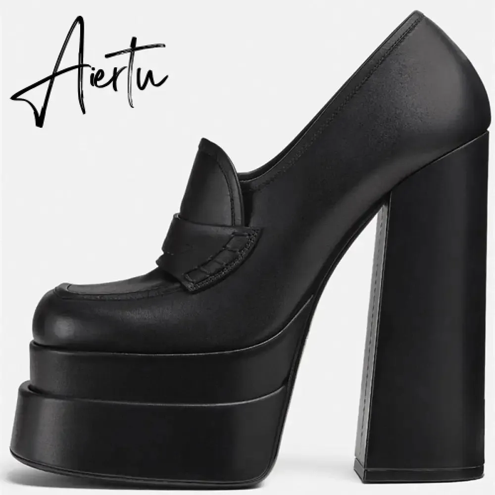 Aiertu Women High Heel Platform Hoof Heels Loafers Women Pumps New Square Toe Fashion Shoes Plus Size Shoes Sexy Dress Shoes