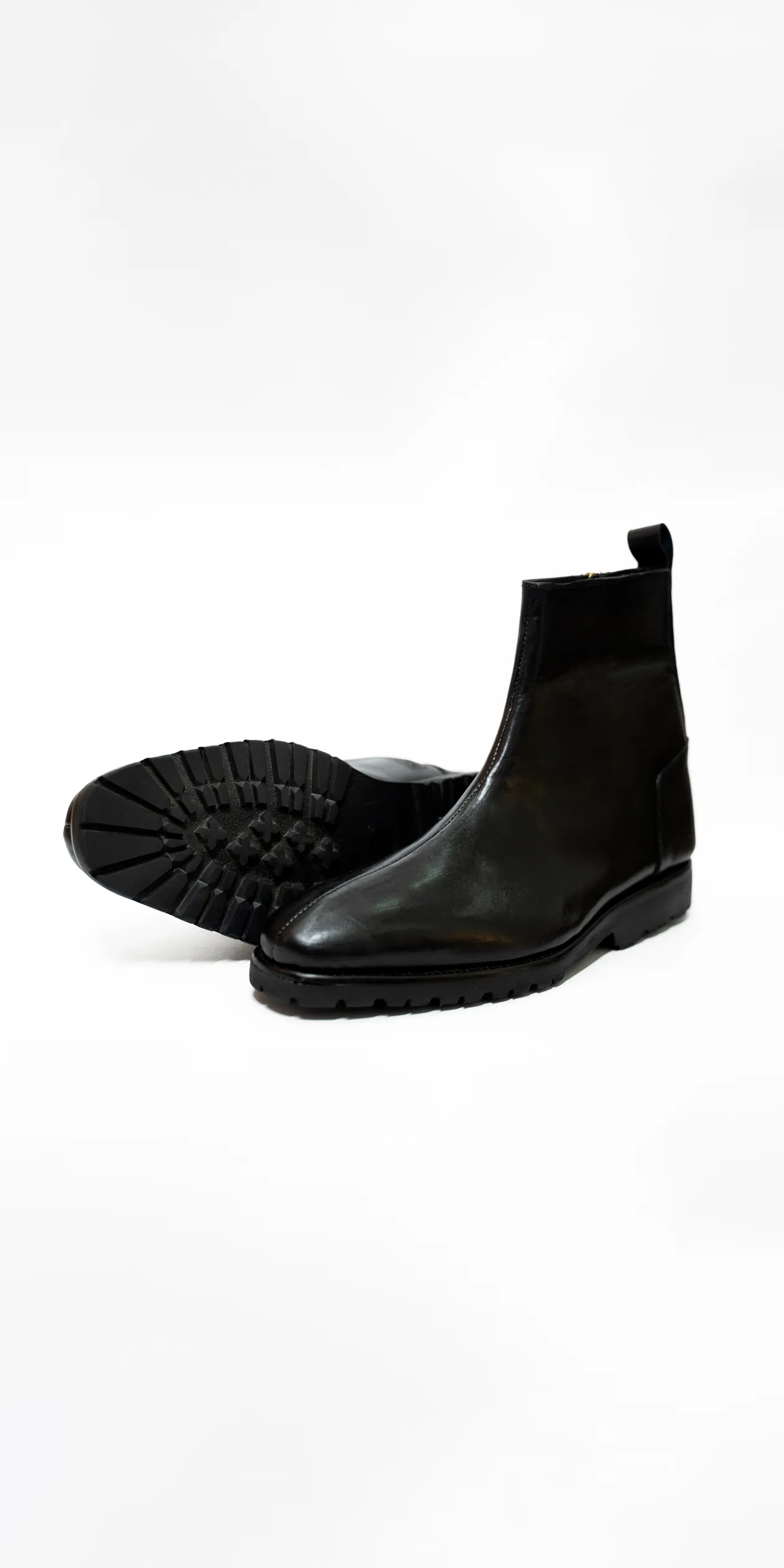 Ajadi Biker Boots in Black Leather with Side Zipper and Lug Rubber Soles