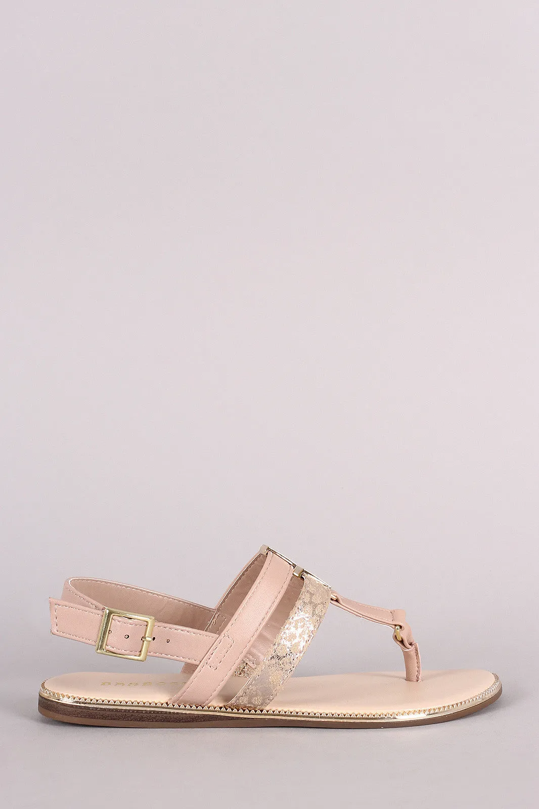 Bamboo Hologram Snake Metallic Trim T-Strap Flat Sandal