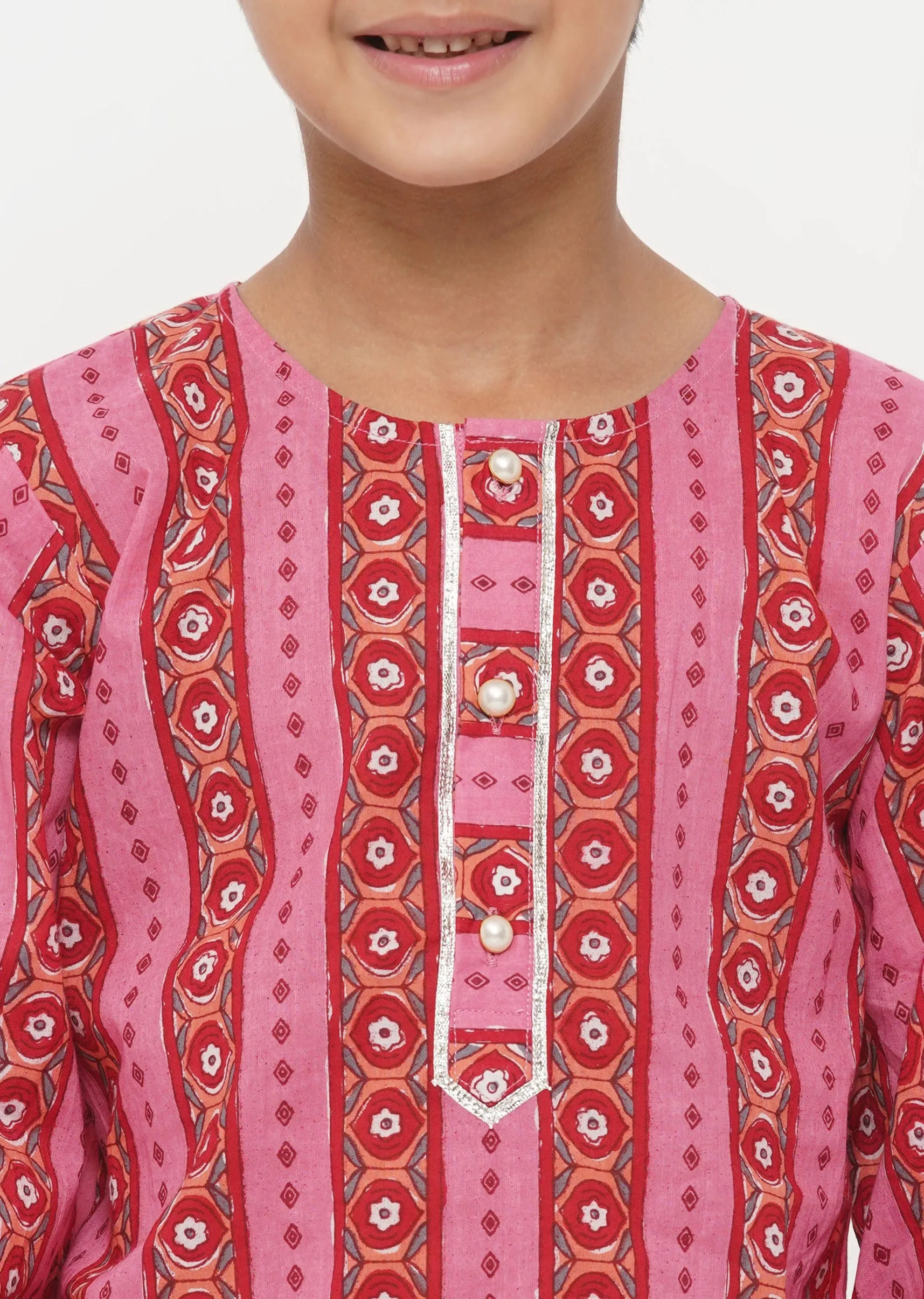 Boy's Cotton Striped Jaipuri Kurta With Pearl Buttons And Dhoti -Pink And Cream - Little Bansi Boys