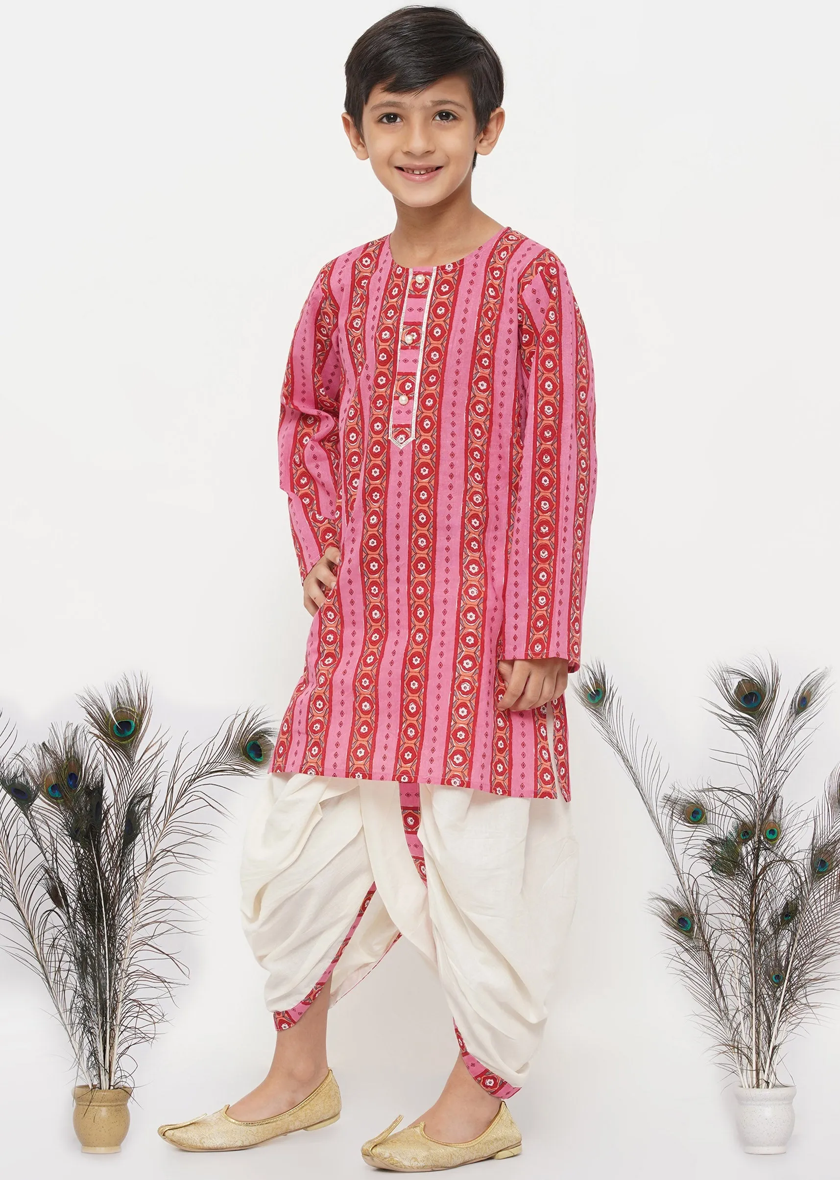 Boy's Cotton Striped Jaipuri Kurta With Pearl Buttons And Dhoti -Pink And Cream - Little Bansi Boys