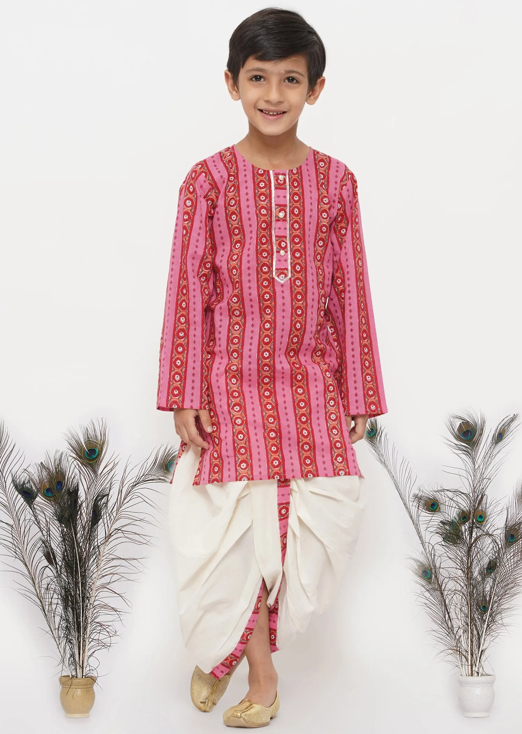 Boy's Cotton Striped Jaipuri Kurta With Pearl Buttons And Dhoti -Pink And Cream - Little Bansi Boys