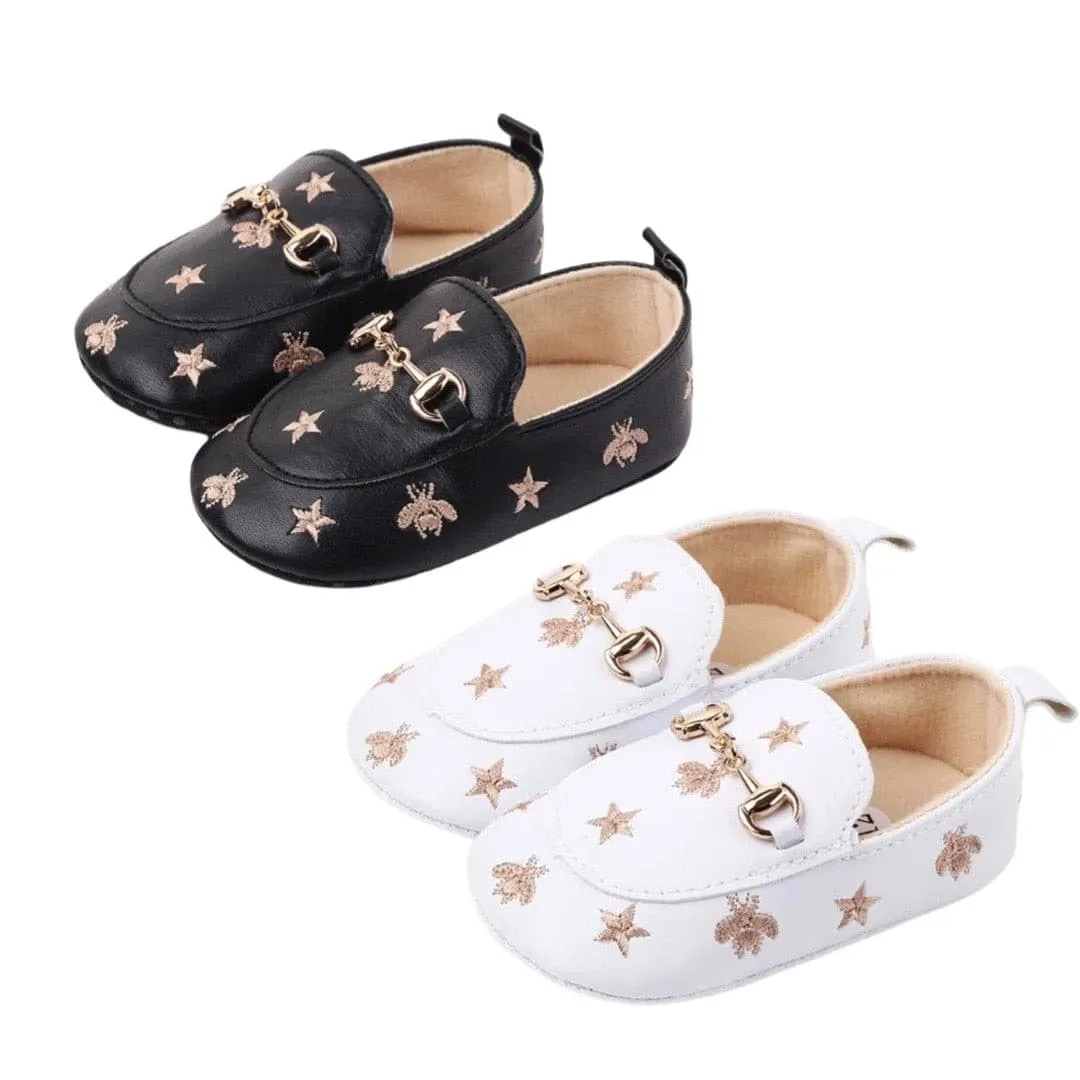 Grandi - Baby Loafers with Stars & Bee Embroidered and Gold Horsebit Buckle