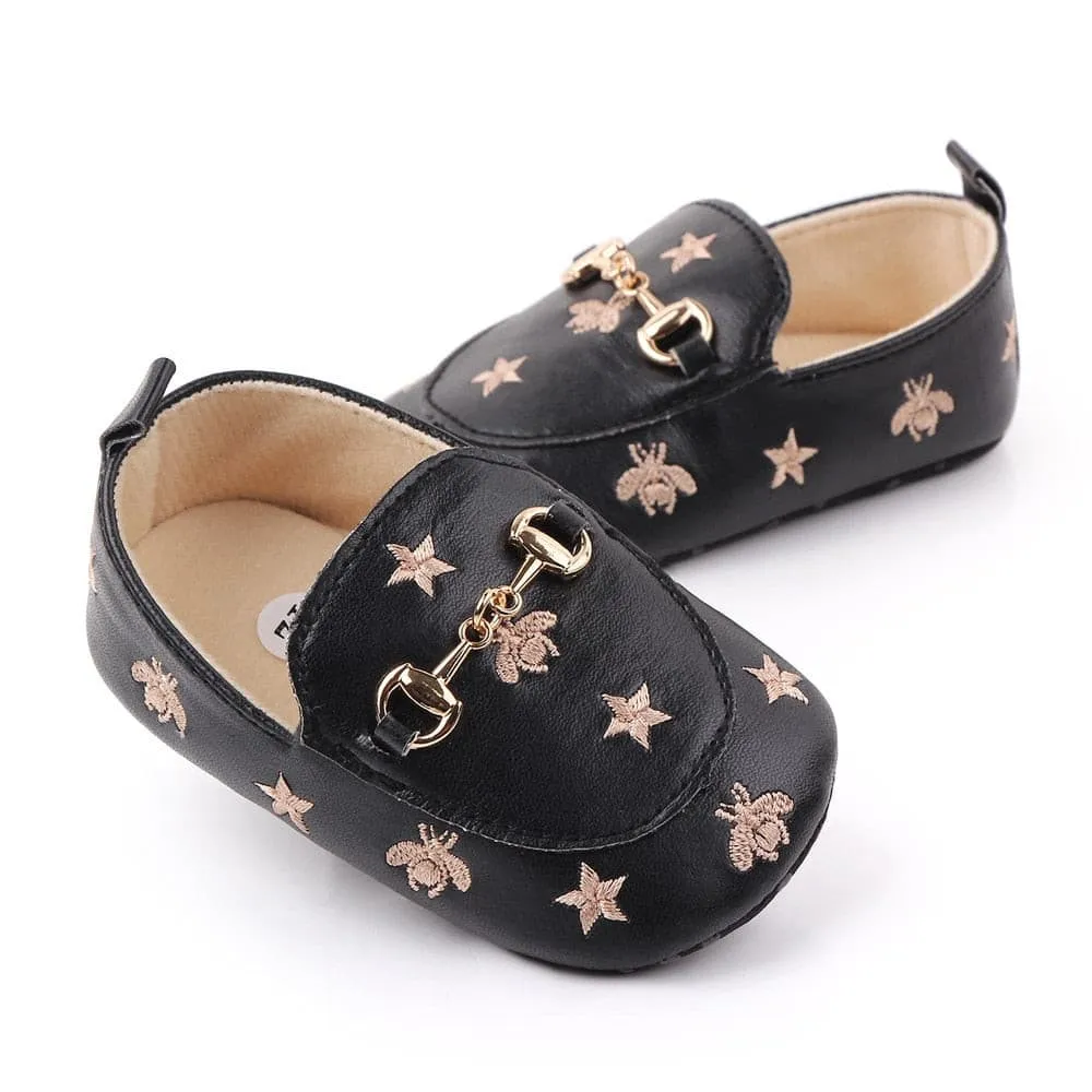 Grandi - Baby Loafers with Stars & Bee Embroidered and Gold Horsebit Buckle