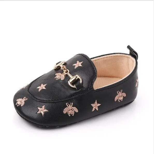 Grandi - Baby Loafers with Stars & Bee Embroidered and Gold Horsebit Buckle