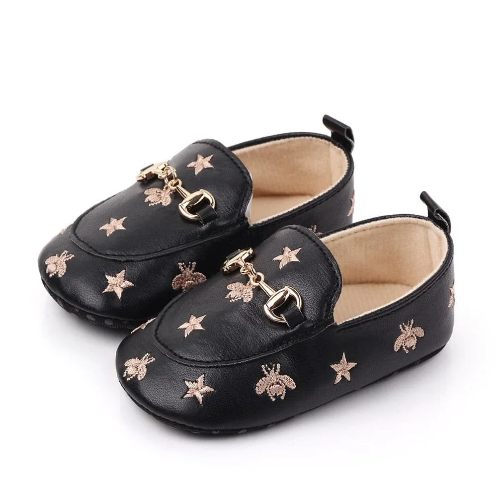 Grandi - Baby Loafers with Stars & Bee Embroidered and Gold Horsebit Buckle