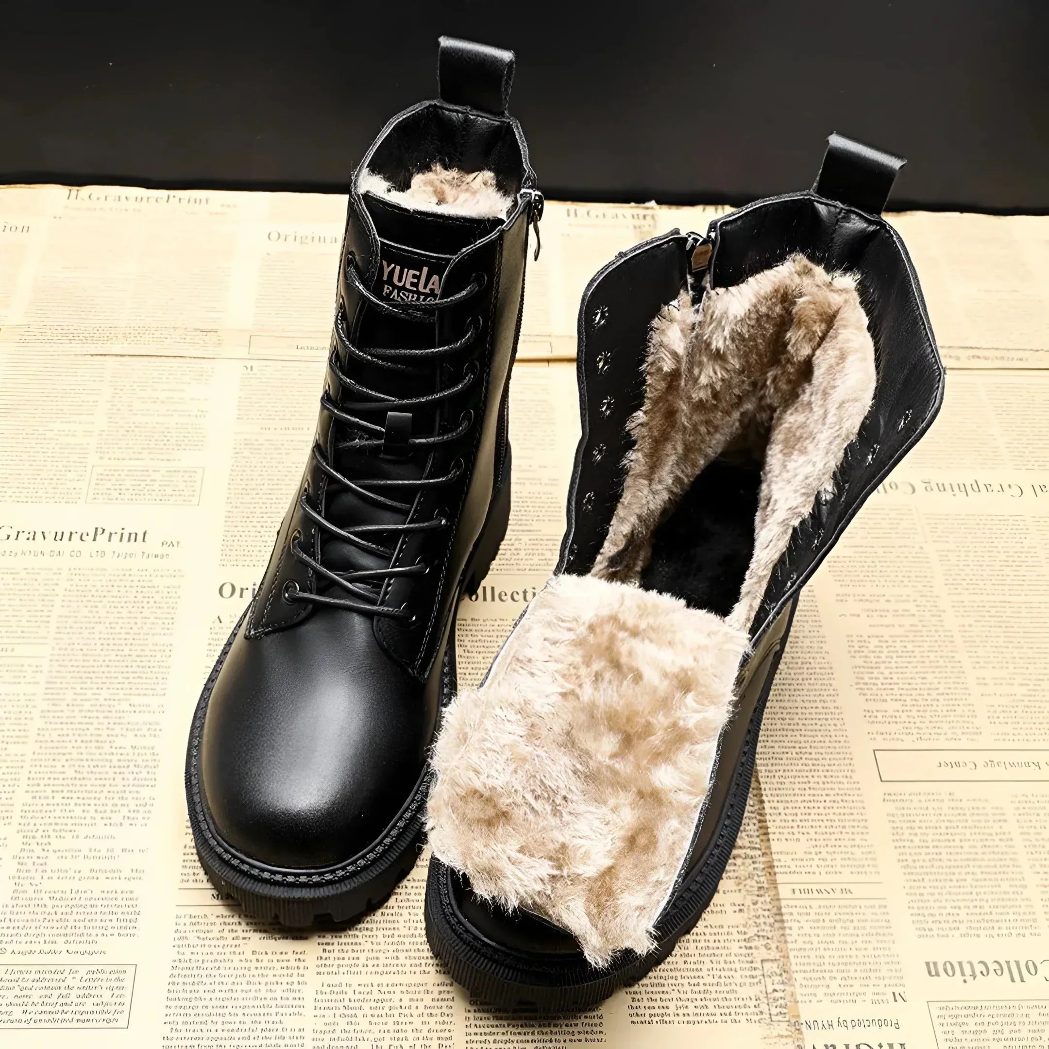 Helga™ | Timeless black leather winter boots for style and warmth