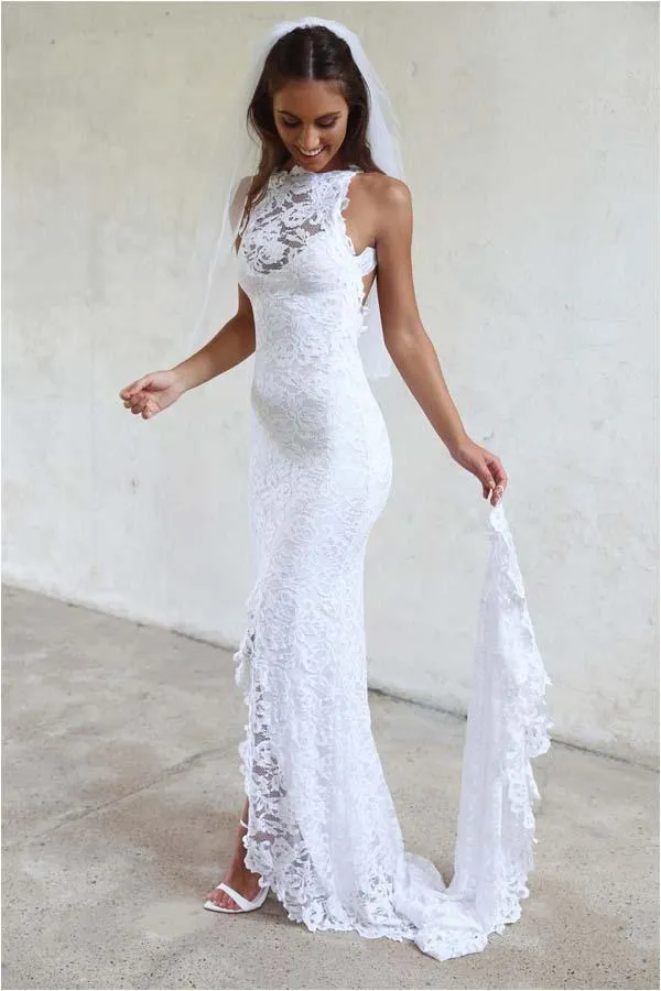 High Neckline Lace Backless Mermaid Wedding Dresses With Court Train WD123