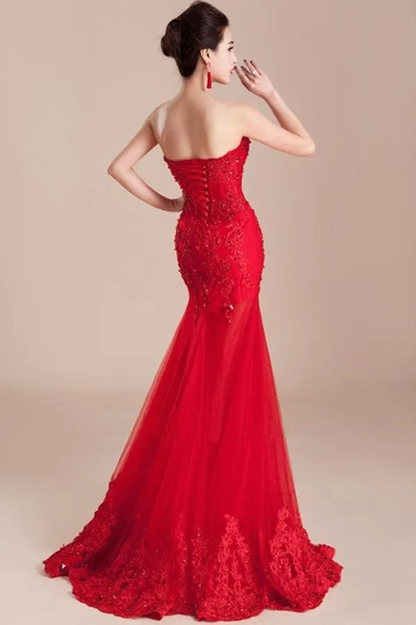 Mermaid Sweetheart Appliques Beading Lace-up Long Prom Dress PG321