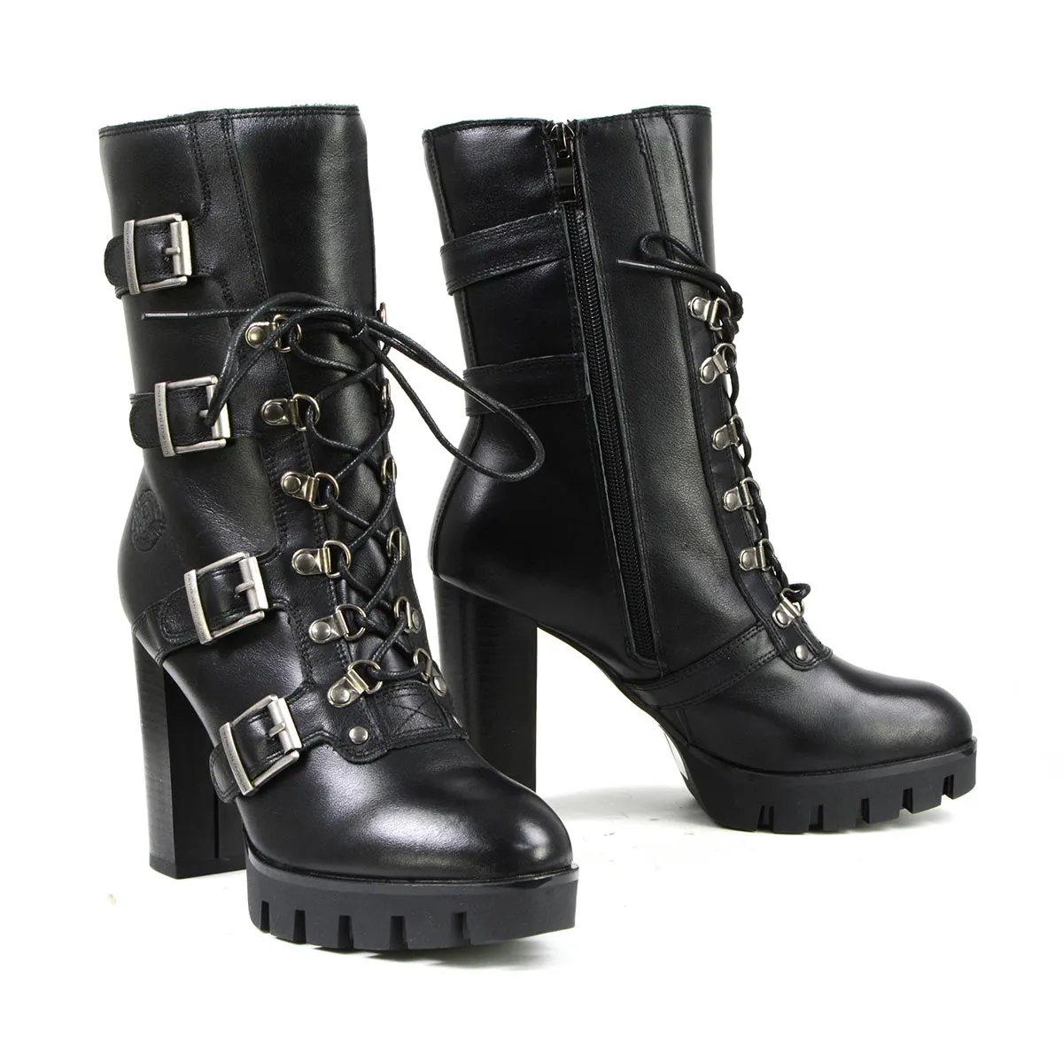 Milwaukee Leather MBL9459 Women's Black Leather Buckles Platform Boots with Lace-Up Closure