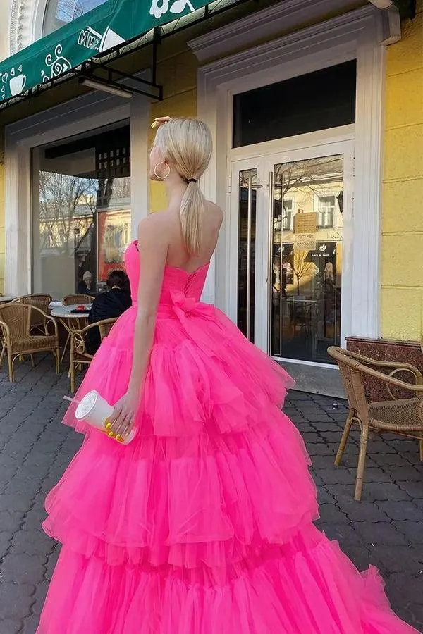 Princess A Line High Low Strapless Pink Tulle Long Prom Dress PSK343