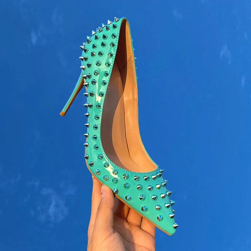 Rivet Embellished Tangerine Stiletto Pumps – 10cm High Heels for Women