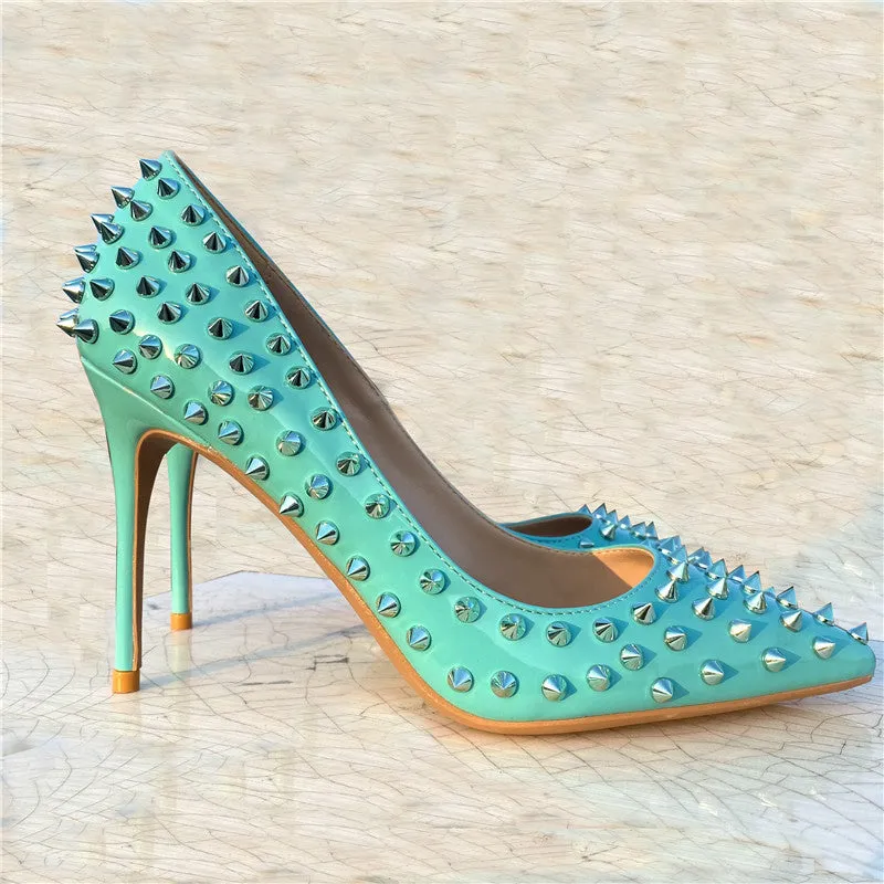 Rivet Embellished Tangerine Stiletto Pumps – 10cm High Heels for Women