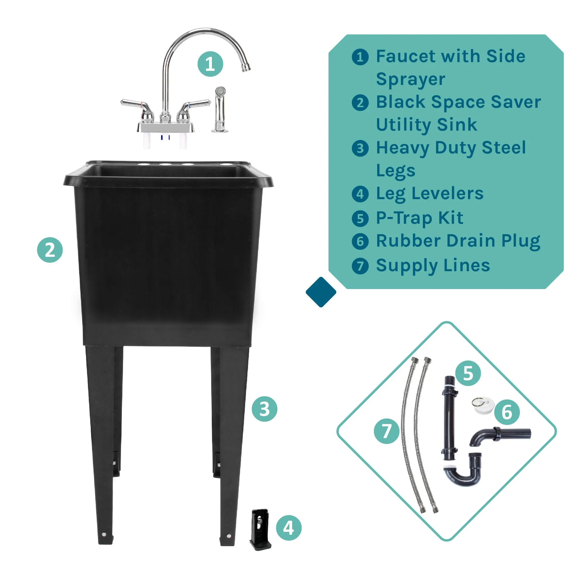 Tehila Space Saver Freestanding Black Utility Sink with Chrome Finish Gooseneck Faucet and Side Sprayer