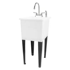 Tehila Space Saver Freestanding White Utility Sink with Chrome Finish Gooseneck Faucet and Side Sprayer