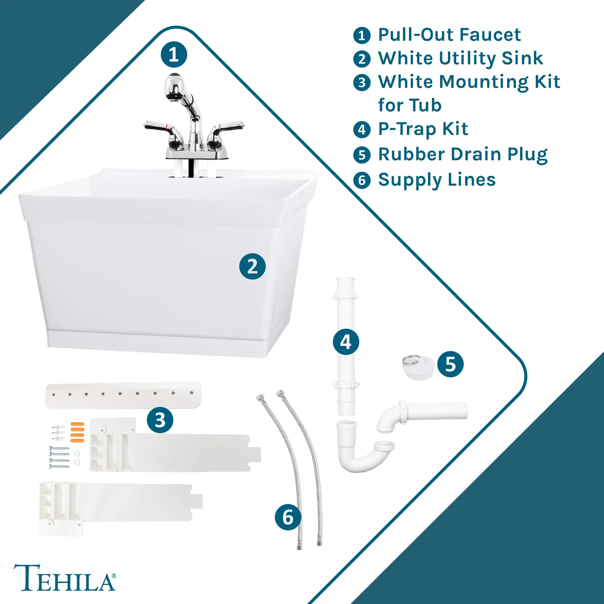 Tehila Standard Wall-Mounted White Utility Sink with Chrome Finish Pull-Out Faucet