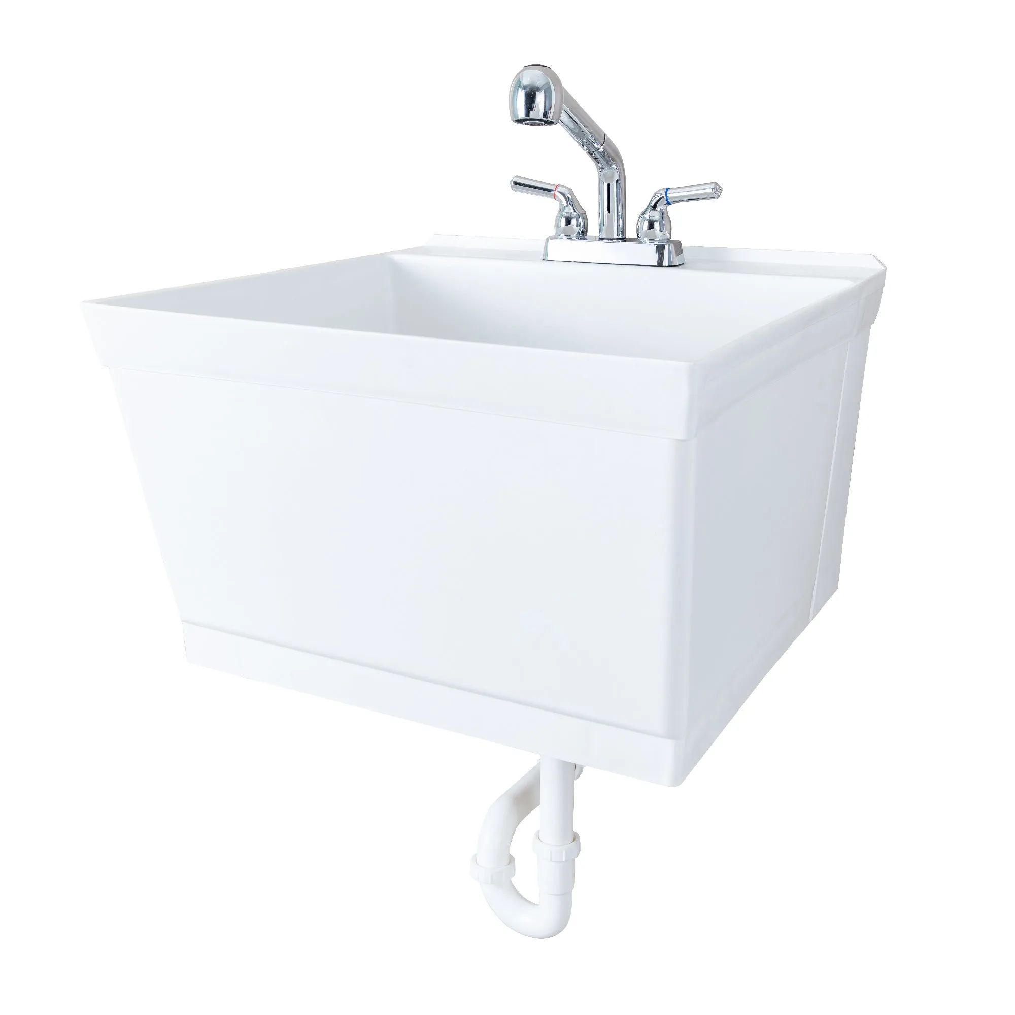 Tehila Standard Wall-Mounted White Utility Sink with Chrome Finish Pull-Out Faucet