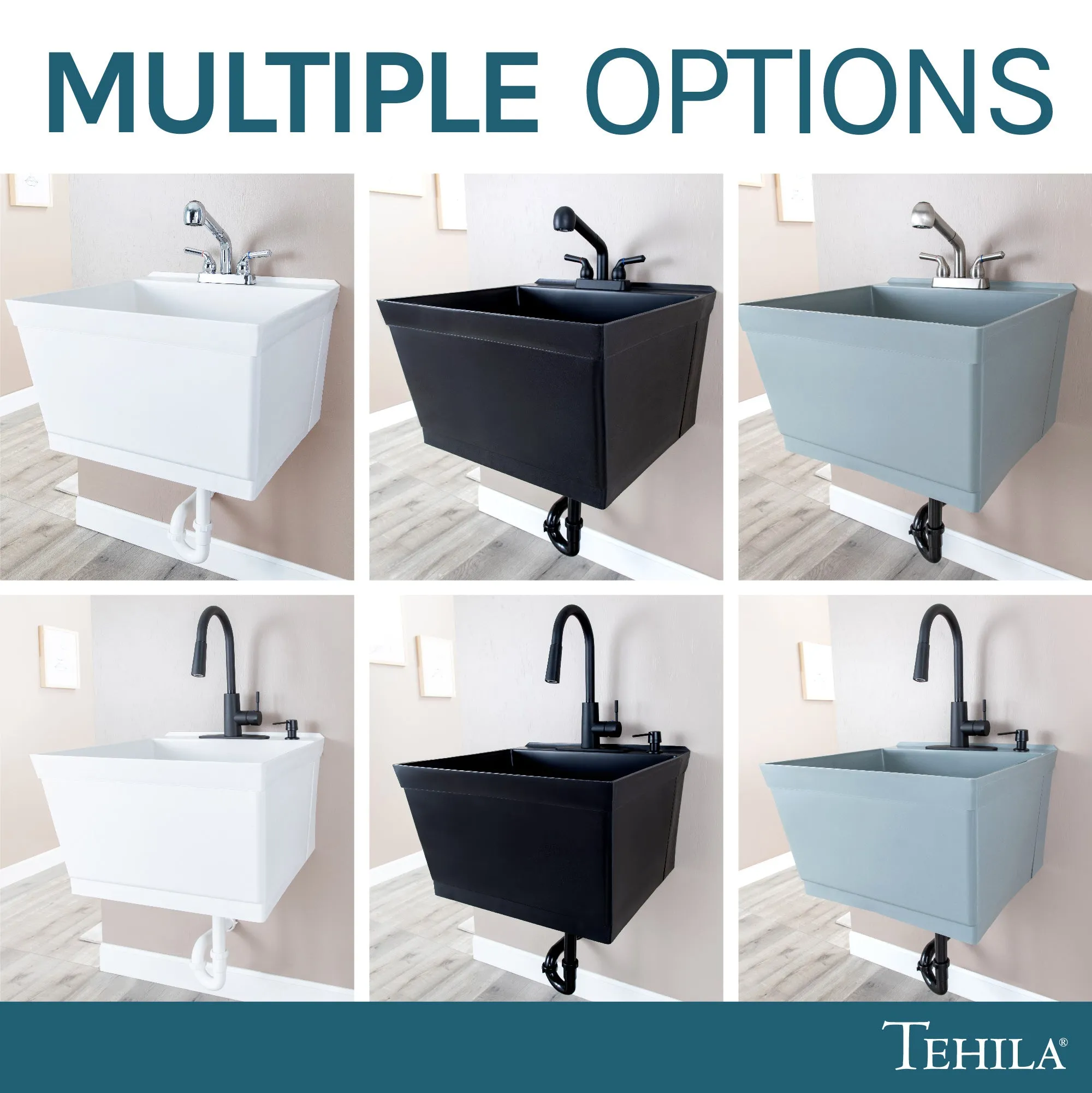 Tehila Standard Wall-Mounted White Utility Sink with Chrome Finish Pull-Out Faucet