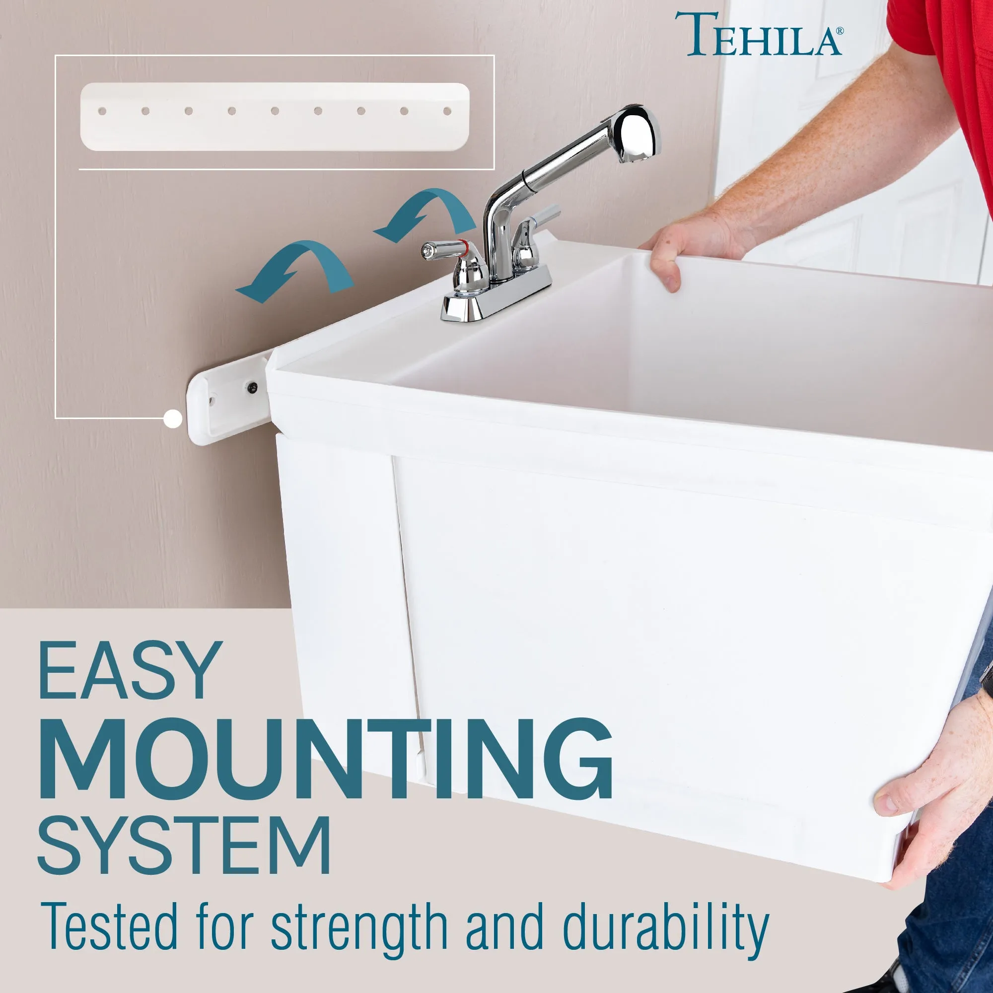 Tehila Standard Wall-Mounted White Utility Sink with Chrome Finish Pull-Out Faucet