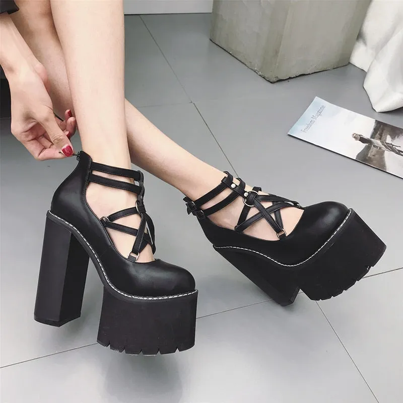 Thanksgiving  Amozae  Fashion Women Pumps High Heels Zipper Rubber Sole Black Platform Shoes Spring Autumn Leather Shoes Female Gothic Pentagon