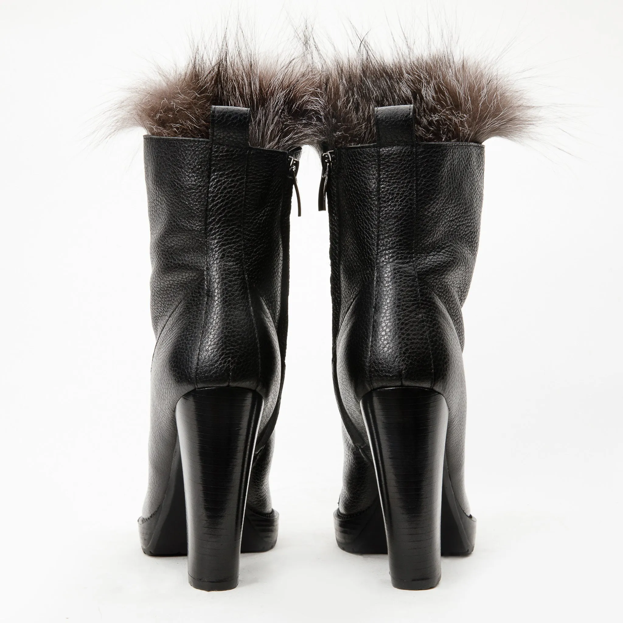 The Melo Black Leather Natural Fur Mid Calf Platform Heel Women Boot