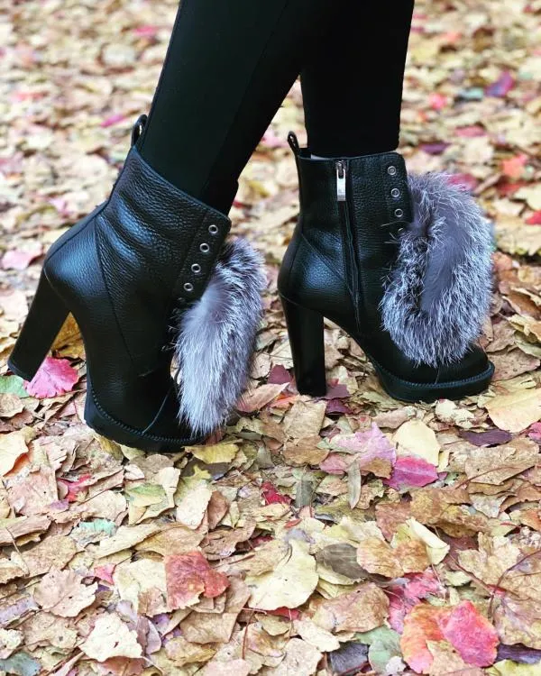 The Melo Black Leather Natural Fur Mid Calf Platform Heel Women Boot